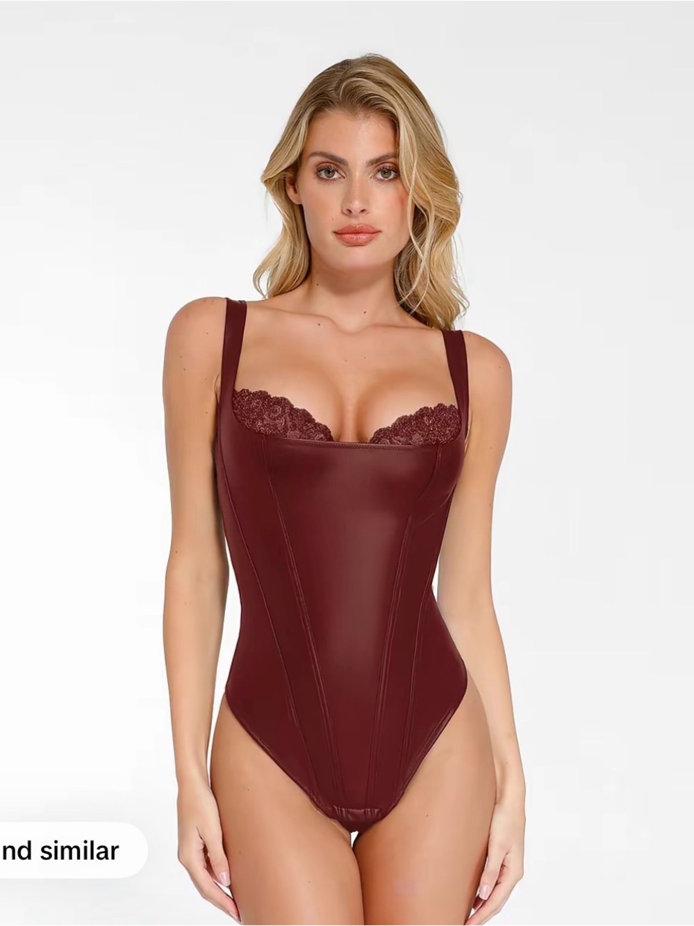 Women's Lace Trim faux leather Burgundy Bodysuit